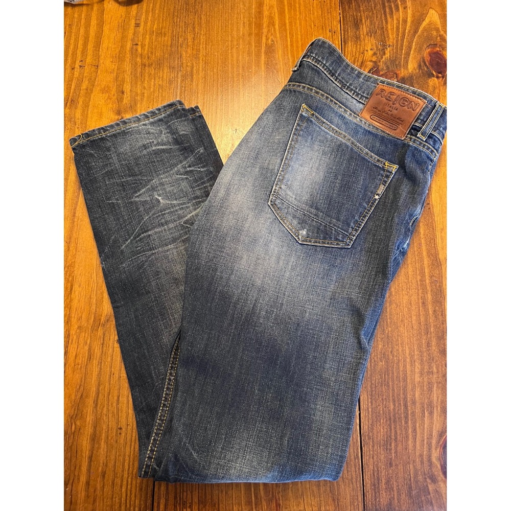 Reign Italia Straight Leg Jeans Mens 36 Blue Distressed Button‎ Fly Excellent
